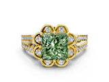 Yellow gold Fancy Green Princess  Halo Diamond Floral Split Shank Engagement Ring 1