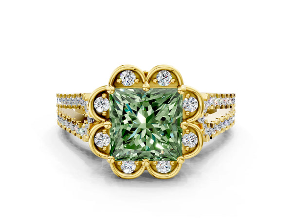 Yellow gold Fancy Green Princess  Halo Diamond Floral Split Shank Engagement Ring