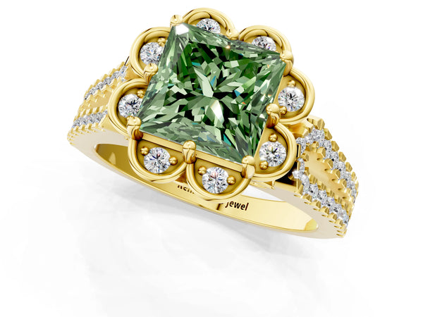Yellow gold Fancy Green Princess  Halo Diamond Floral Split Shank Engagement Ring