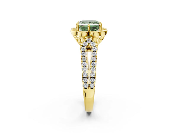 Yellow gold Fancy Green Princess  Halo Diamond Floral Split Shank Engagement Ring