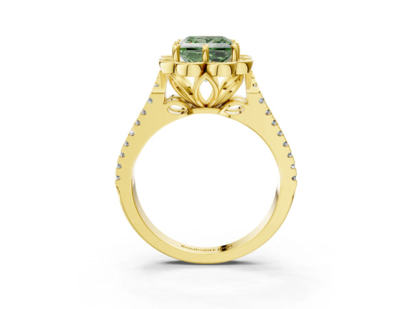 Yellow gold Fancy Green Princess  Halo Diamond Floral Split Shank Engagement Ring