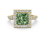 Yellow gold Fancy Green Princess  Halo Diamond Pavé Band Ring with Prong Setting