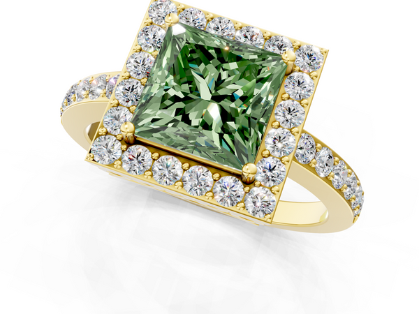 Yellow gold Fancy Green Princess  Halo Diamond Pavé Band Ring with Prong Setting