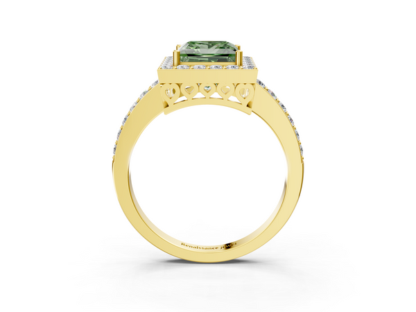 Yellow gold Fancy Green Princess  Halo Diamond Pavé Band Ring with Prong Setting