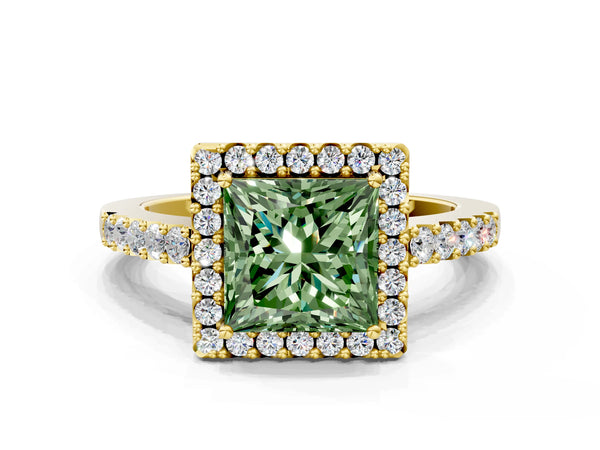 Yellow gold Fancy Green Princess  Halo Diamond Pavé Solitaire Ring