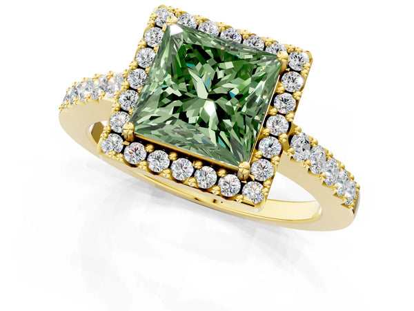 Yellow gold Fancy Green Princess  Halo Diamond Pavé Solitaire Ring
