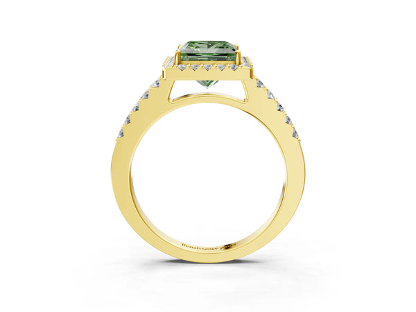 Yellow gold Fancy Green Princess  Halo Diamond Pavé Solitaire Ring