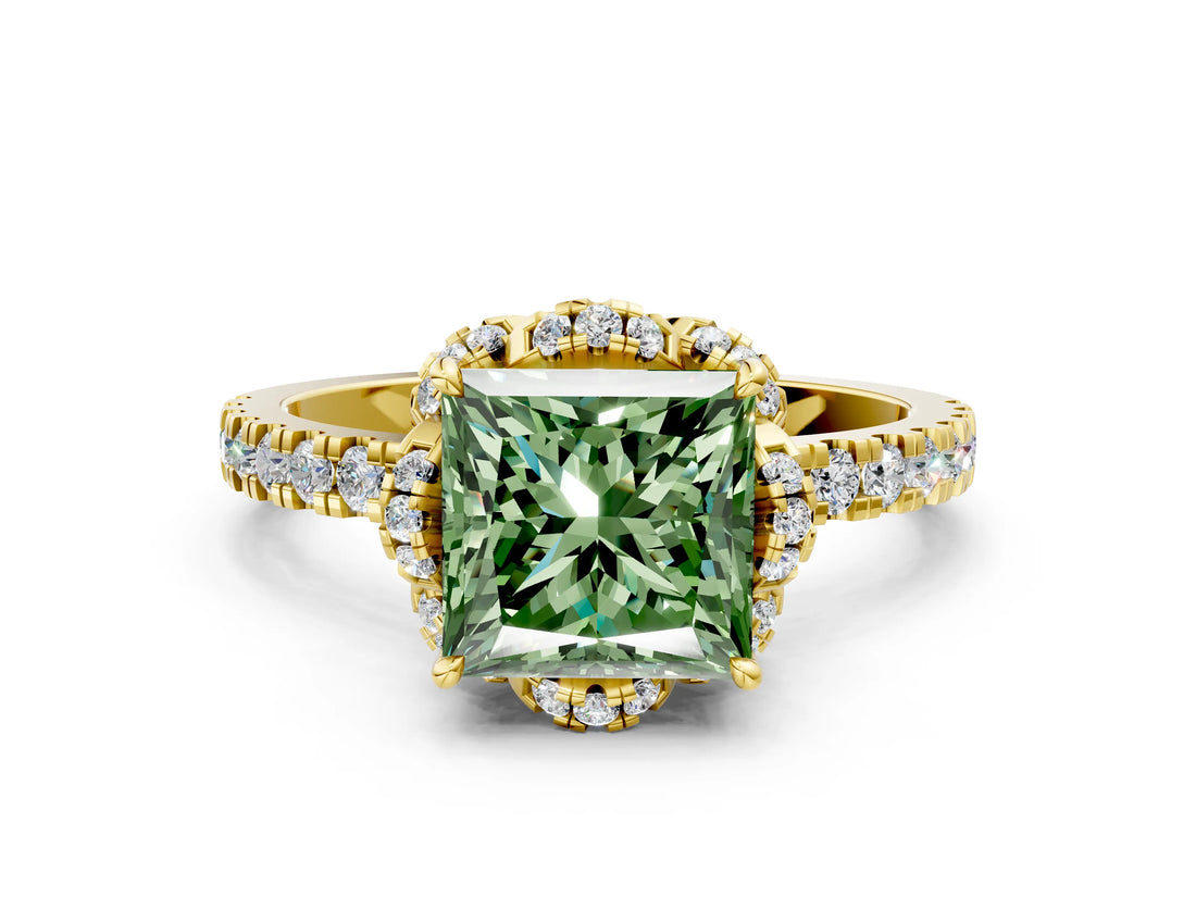 Yellow gold Fancy Green Princess  Halo Diamond Pave Band Ring with Four-Prong Setting_15