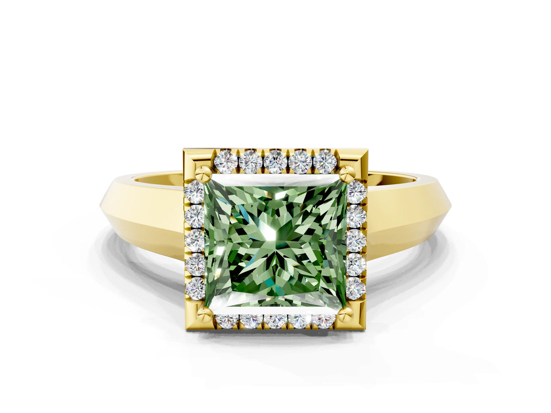 Yellow gold Fancy Green Princess  Halo Diamond Ring with Cathedral Band and Four-Prong Setting_34