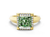 Yellow gold Fancy Green Princess  Halo Diamond Ring with Cathedral Band and Four-Prong Setting_34