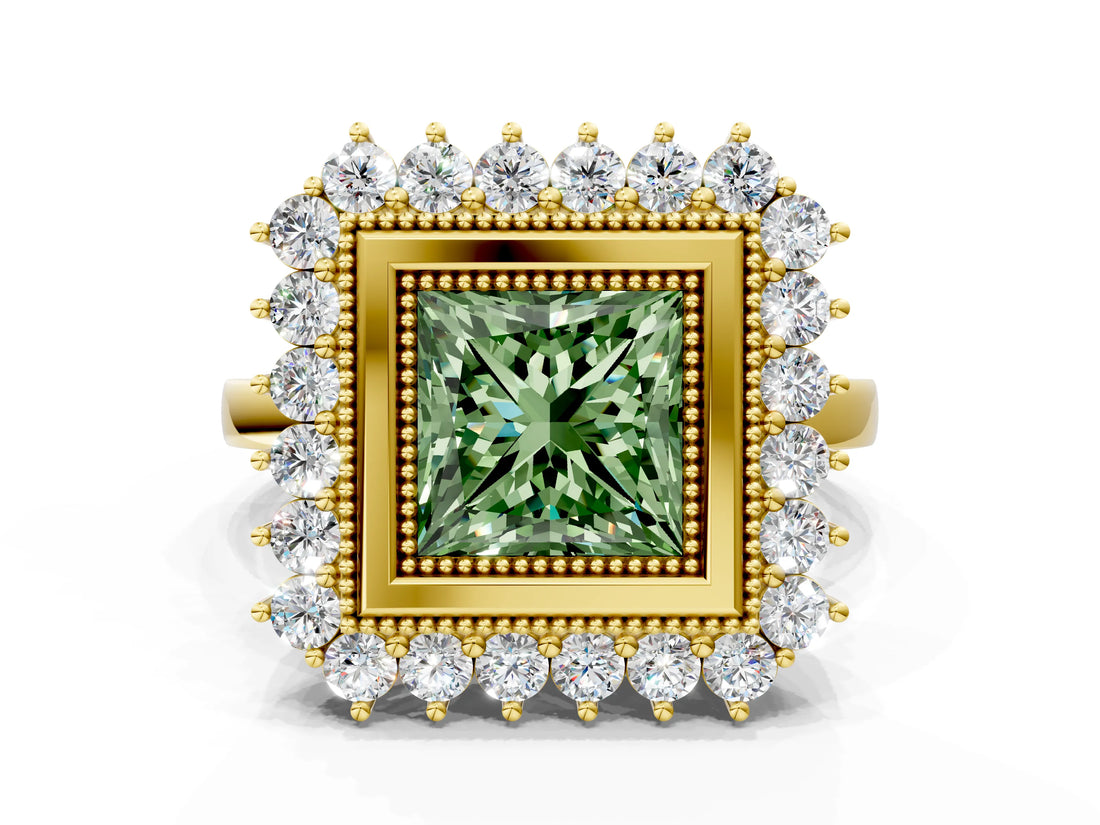 Yellow gold Fancy Green Princess  Halo Diamond Ring with Milgrain Edge and Round Prong Setting_23