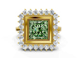 Yellow gold Fancy Green Princess  Halo Diamond Ring with Milgrain Edge and Round Prong Setting_23