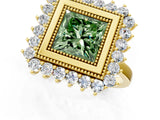 Yellow gold Fancy Green Princess  Halo Diamond Ring with Milgrain Edge and Round Prong Setting_24