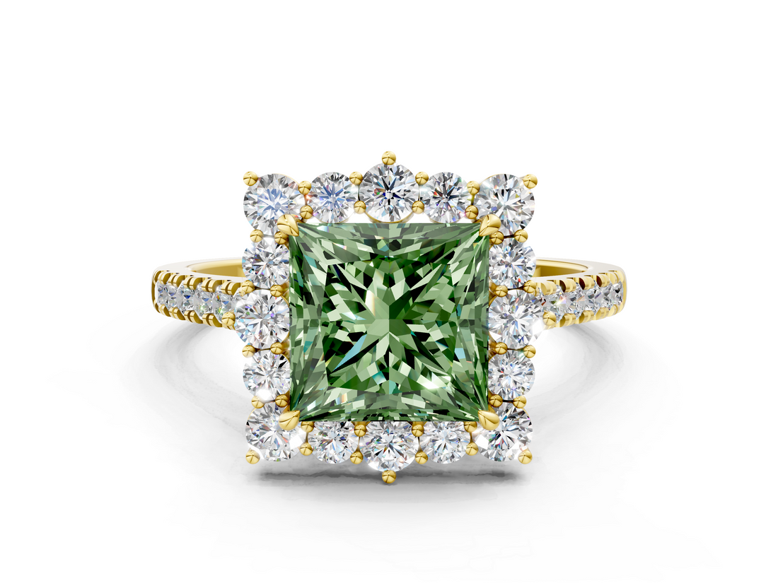 Yellow gold Fancy Green Princess  Halo Diamond Ring with Pavé Band and Prong Setting