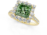 Yellow gold Fancy Green Princess  Halo Diamond Ring with Pavé Band and Prong Setting_1
