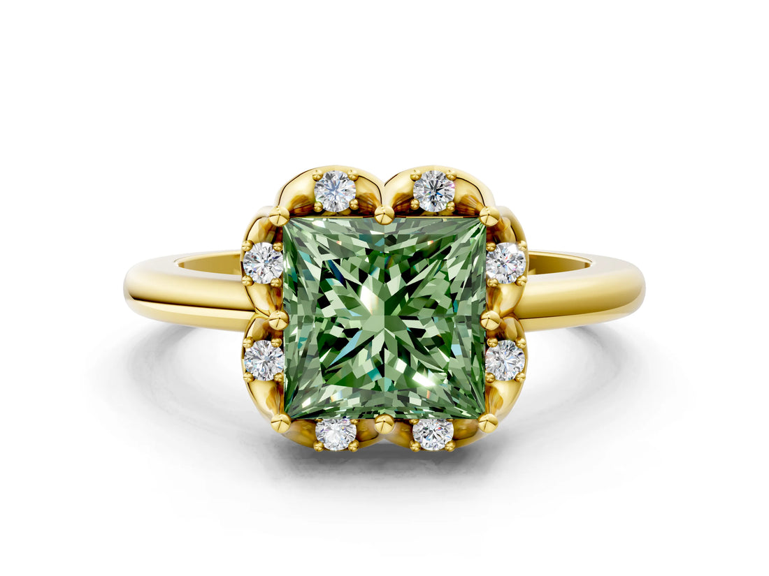 Yellow gold Fancy Green Princess  Halo Diamond Ring with Round Cluster Setting, Solitaire Band, and Four-Prong Setting_29