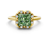 Yellow gold Fancy Green Princess  Halo Diamond Ring with Round Cluster Setting, Solitaire Band, and Four-Prong Setting_29