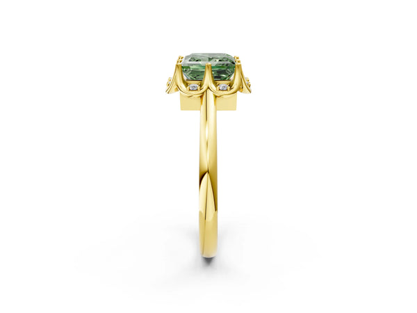 Yellow gold Fancy Green Princess  Halo Diamond Ring with Round Cluster Setting, Solitaire Band, and Four-Prong Setting