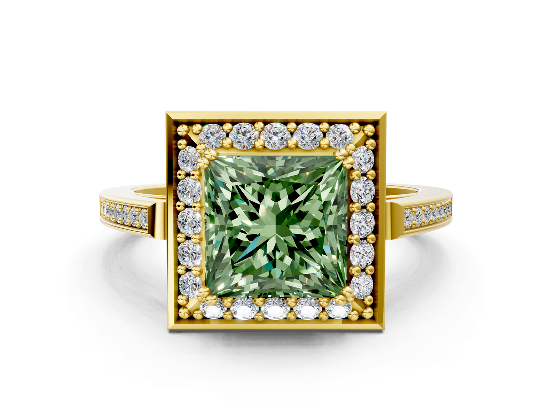 Yellow gold Fancy Green Princess  Halo Diamond Ring with Split Shank and Four-Prong Setting