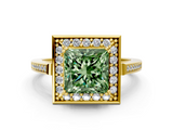 Yellow gold Fancy Green Princess  Halo Diamond Ring with Split Shank and Four-Prong Setting