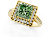 Yellow gold Fancy Green Princess  Halo Diamond Ring with Split Shank and Four-Prong Setting_1