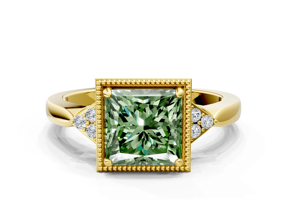 Yellow gold Fancy Green Princess  Halo Diamond Ring with Tapered Band and Four-Prong Setting_7