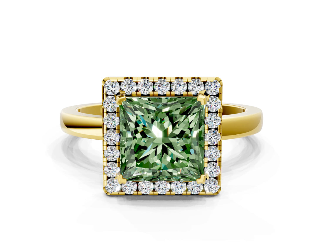 Yellow gold Fancy Green Princess  Halo Diamond Solitaire with Pavé Band and Four-Prong Setting_16