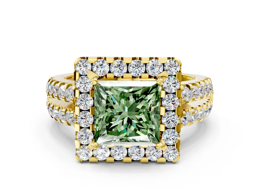 Yellow gold Fancy Green Princess  Halo Diamond Split Shank Engagement Ring with Prong Setting_39