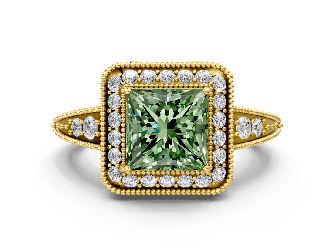 Yellow gold Fancy Green Princess  Halo Diamond Split Shank Ring with Milgrain Detail_29