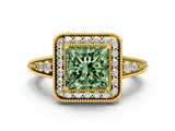 Yellow gold Fancy Green Princess  Halo Diamond Split Shank Ring with Milgrain Detail_29