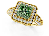 Yellow gold Fancy Green Princess  Halo Diamond Split Shank Ring with Milgrain Detail_30