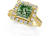 Yellow gold Fancy Green Princess  Halo Milgrain Pave Diamond Ring with Four-Prong Setting 1