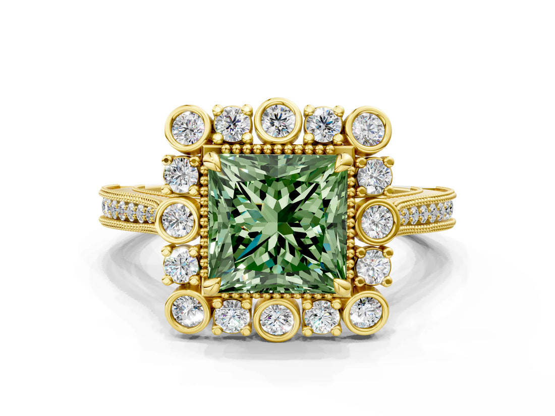 Yellow gold Fancy Green Princess  Halo Milgrain Pave Diamond Ring with Four-Prong Setting