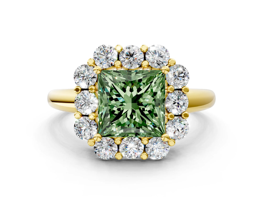 Yellow gold Fancy Green Princess  Halo Milgrain Solitaire with Bezel Set Side Stones and Pave Band_35