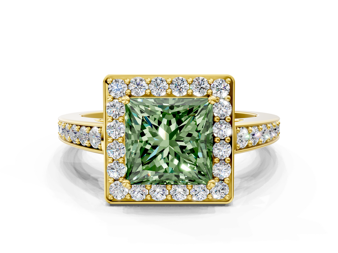 Yellow gold Fancy Green Princess  Halo Pavé Diamond Engagement Ring with Bezel Setting