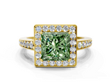 Yellow gold Fancy Green Princess  Halo Pavé Diamond Engagement Ring with Bezel Setting