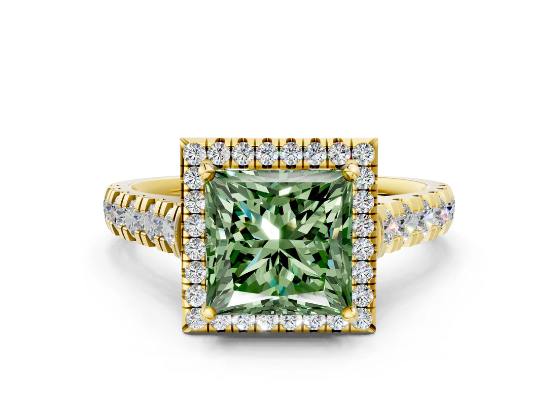 Yellow gold Fancy Green Princess  Halo Pavé Diamond Engagement Ring with Four-Prong Setting_25