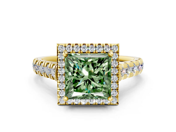 Yellow gold Fancy Green Princess  Halo Pavé Diamond Engagement Ring with Four-Prong Setting