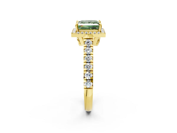 Yellow gold Fancy Green Princess  Halo Pavé Diamond Engagement Ring with Four-Prong Setting
