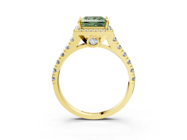 Yellow gold Fancy Green Princess  Halo Pavé Diamond Engagement Ring with Four-Prong Setting