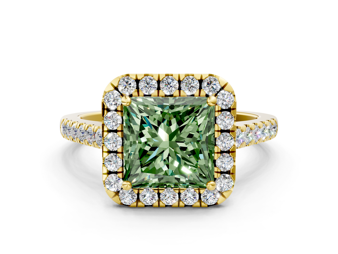 Yellow gold Fancy Green Princess  Halo Pavé Diamond Engagement Ring with Four-Prong Setting_3