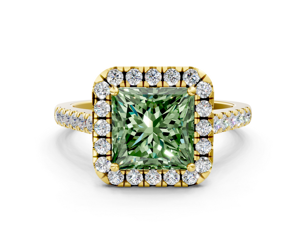 Yellow gold Fancy Green Princess  Halo Pavé Diamond Engagement Ring with Four-Prong Setting