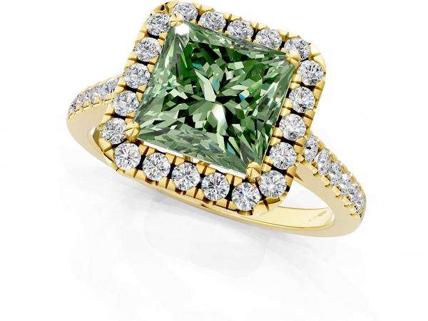 Yellow gold Fancy Green Princess  Halo Pavé Diamond Engagement Ring with Four-Prong Setting
