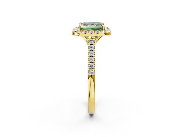 Yellow gold Fancy Green Princess  Halo Pavé Diamond Engagement Ring with Four-Prong Setting