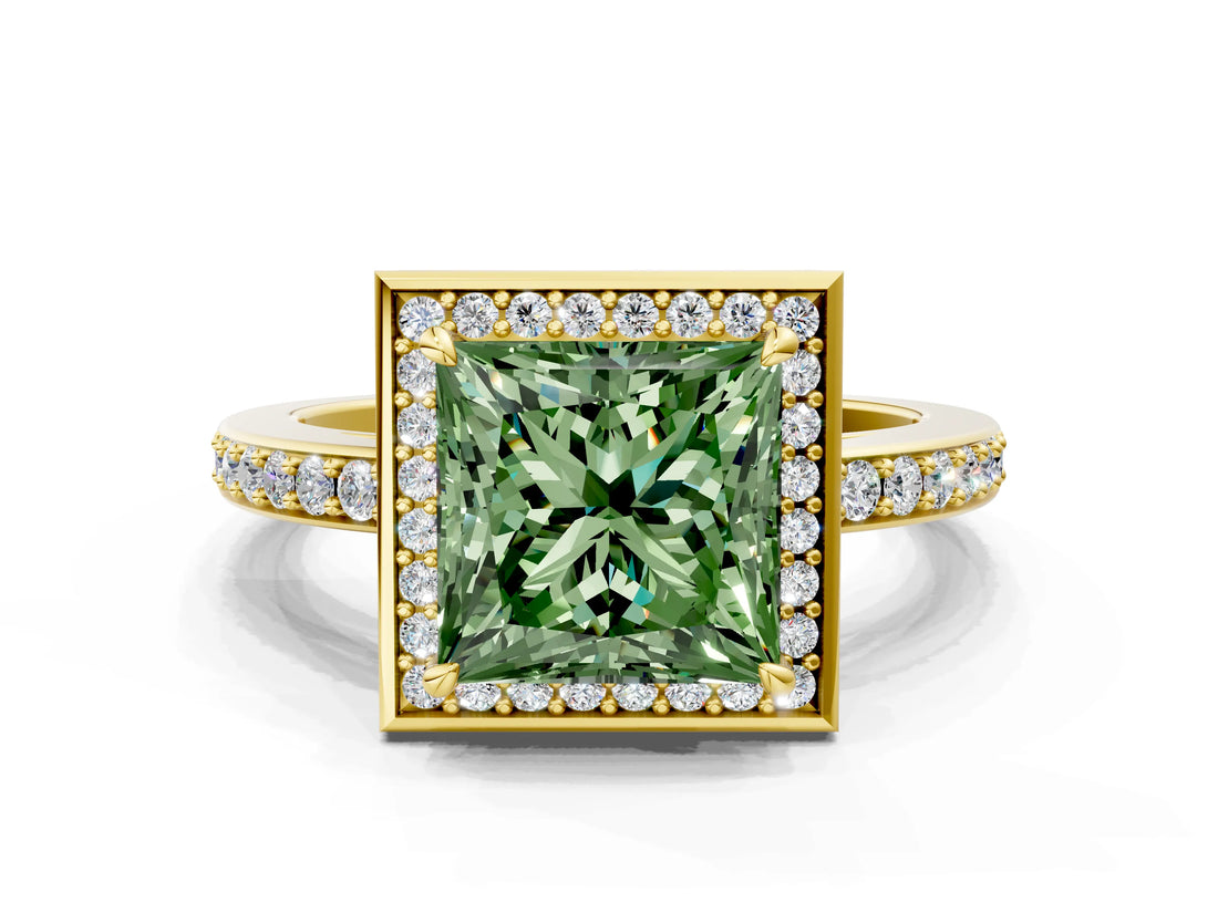 Yellow gold Fancy Green Princess  Halo Pave Band Solitaire Ring with Prong Setting_29