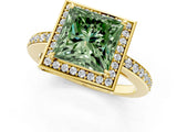 Yellow gold Fancy Green Princess  Halo Pave Band Solitaire Ring with Prong Setting_30