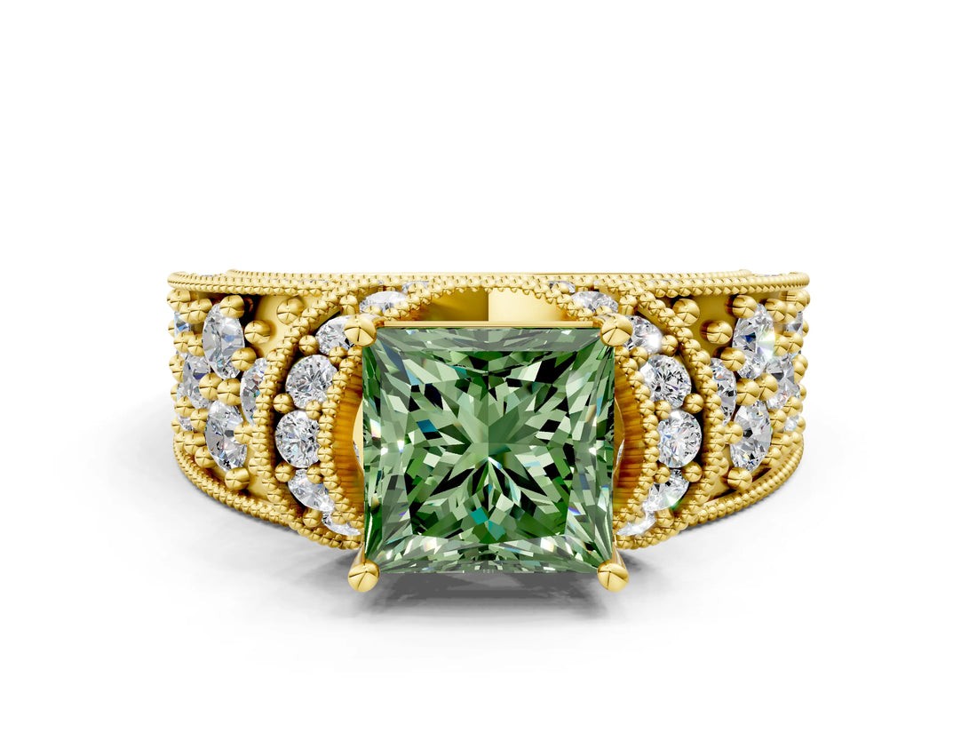 Yellow gold Fancy Green Princess  Halo Pave Diamond Engagement Ring with Milgrain Detailing_29