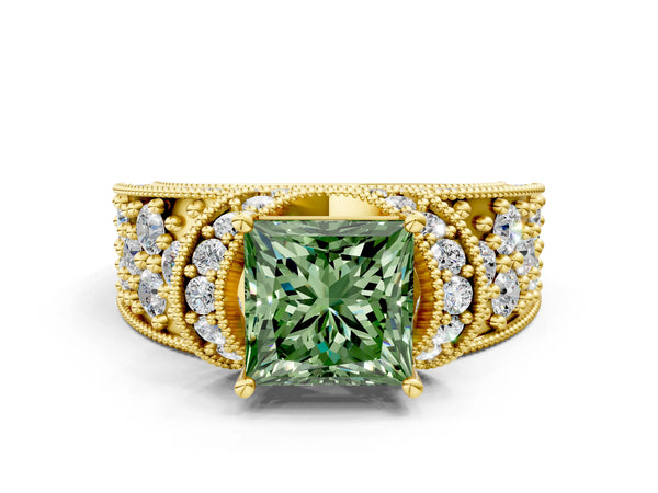 Yellow gold Fancy Green Princess  Halo Pave Diamond Engagement Ring with Milgrain Detailing