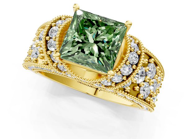 Yellow gold Fancy Green Princess  Halo Pave Diamond Engagement Ring with Milgrain Detailing