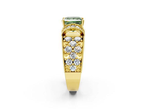 Yellow gold Fancy Green Princess  Halo Pave Diamond Engagement Ring with Milgrain Detailing